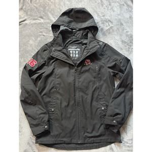 UNRL Mens Soft Shell Black Jacket Removable Hood Embroidered‎ Size Medium